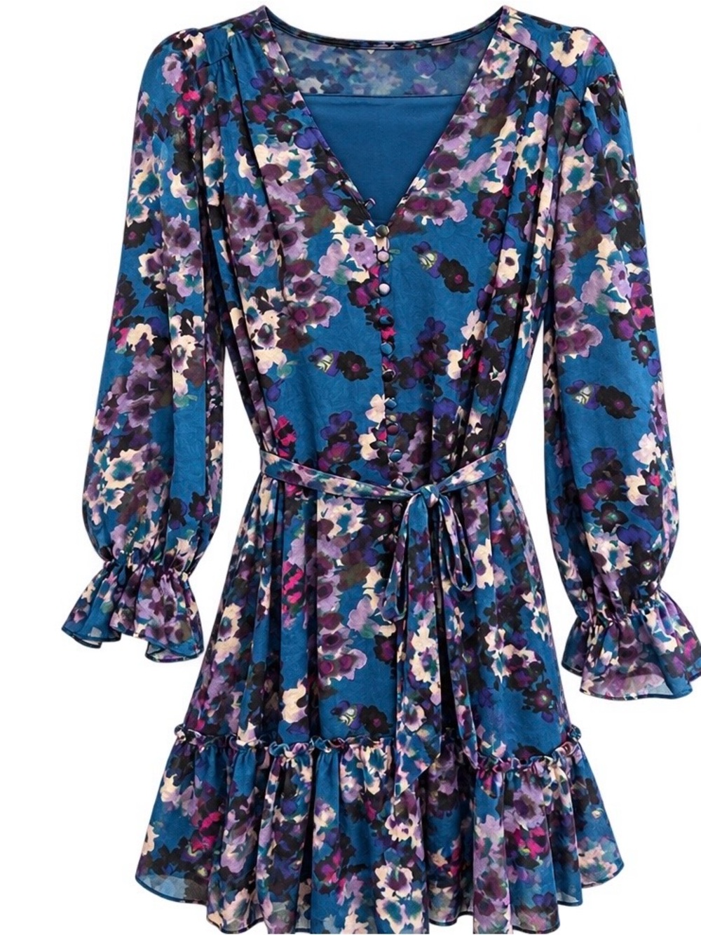Taylor Teal Floral V-Neck Belted Mini Dress